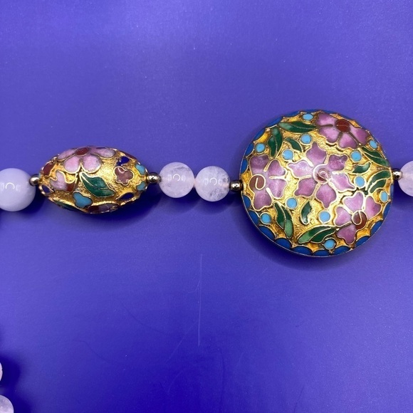 Vintage Snow-White Quartz & Cloisonne Beads Necklace Long - Picture 5 of 7